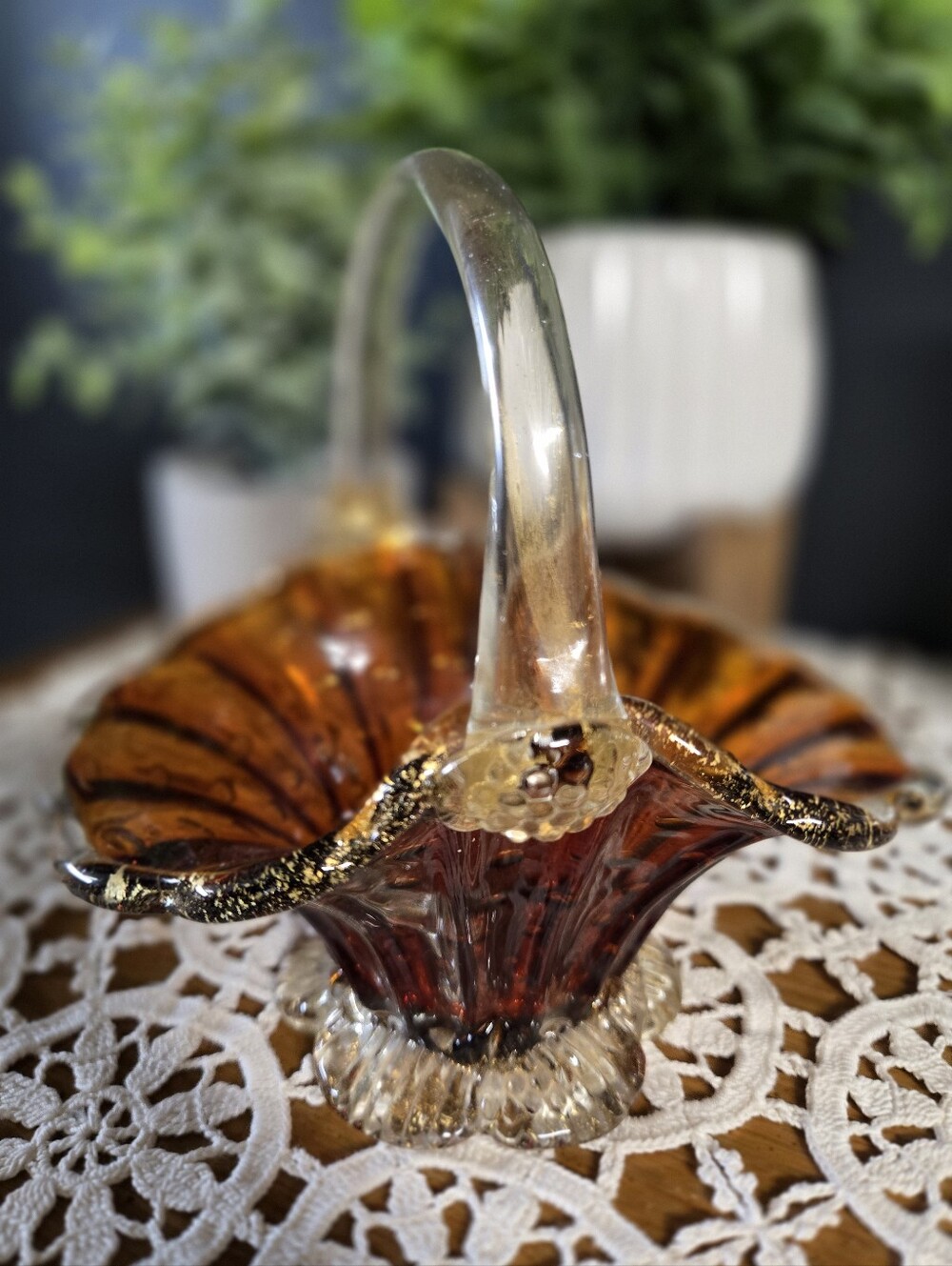 Amber Art Glass Basket with Gold Flecking